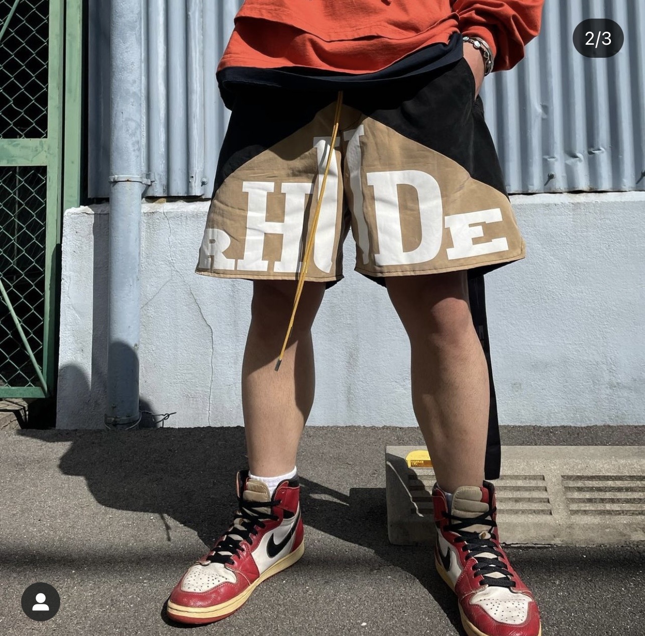 RHUDE vintage logo print two-tone drawstring shorts